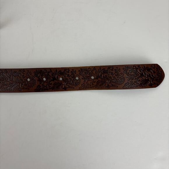 Hand Tooled Brown Leather Belt Brass Buckle Boho Western Country 30.25\